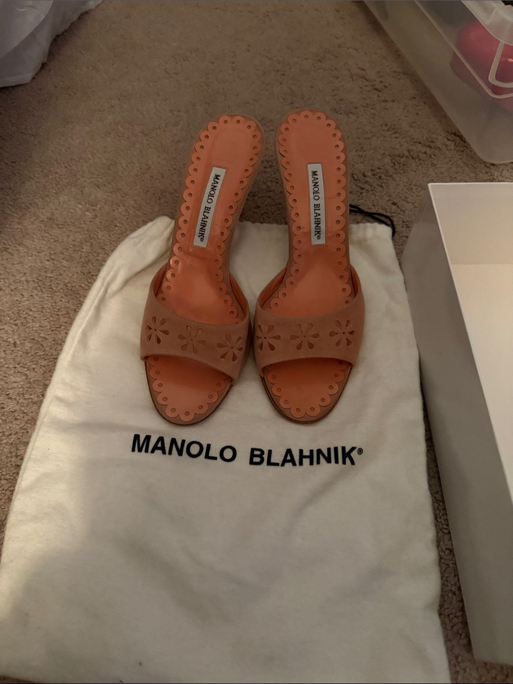 Manolo Blahnik Coral-Tan Laser-Cut Scalloped Slide Heels